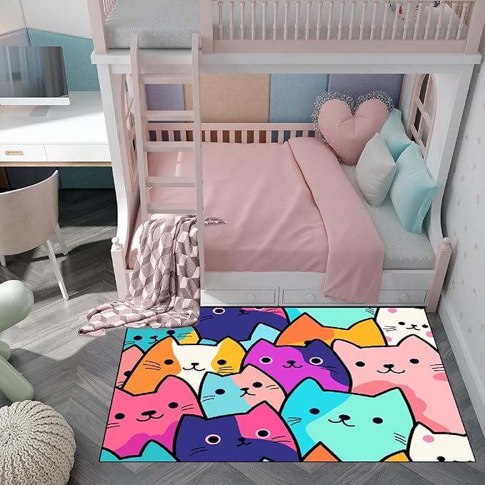 Cat Rug for Girls Bedroom - Cat Area Rug Cartoon Cat Rug Carpet for Kids Room Cute Cat Rugs Room Decor Colorful Anime Rug with Cat Printed, 3x5 Feet