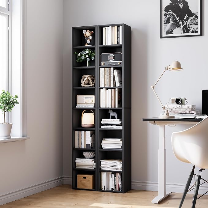 Bamjoy 71 Inches Tall Narrow Bookcase, 8-Tier Slim CD DVD Media Tower Rack, Corner Bookshelf with Adjustable Shelves, Cube Skinny Bookshelf for Home Office Small Space, Black