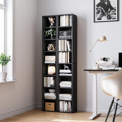 Bamjoy 71 Inches Tall Narrow Bookcase, 8-Tier Slim CD DVD Media Tower Rack, Corner Bookshelf with Adjustable Shelves, Cube Skinny Bookshelf for Home Office Small Space, Black