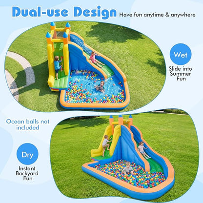 Costzon Inflatable Water Slide, Giant Bouncy Waterslide Park for Kids Backyard Outdoor Fun w/550w Blower, Climbing, Splash Pool, 2-pcs, Blow up Water Slides Inflatables for Kids 3-12 Party Gift