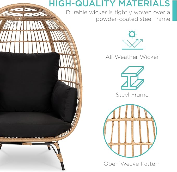 Best Choice Products Wicker Egg Chair, Oversized Indoor Outdoor Lounger for Patio, Backyard, Living Room w/ 4 Cushions, Steel Frame, 440lb Capacity - Black