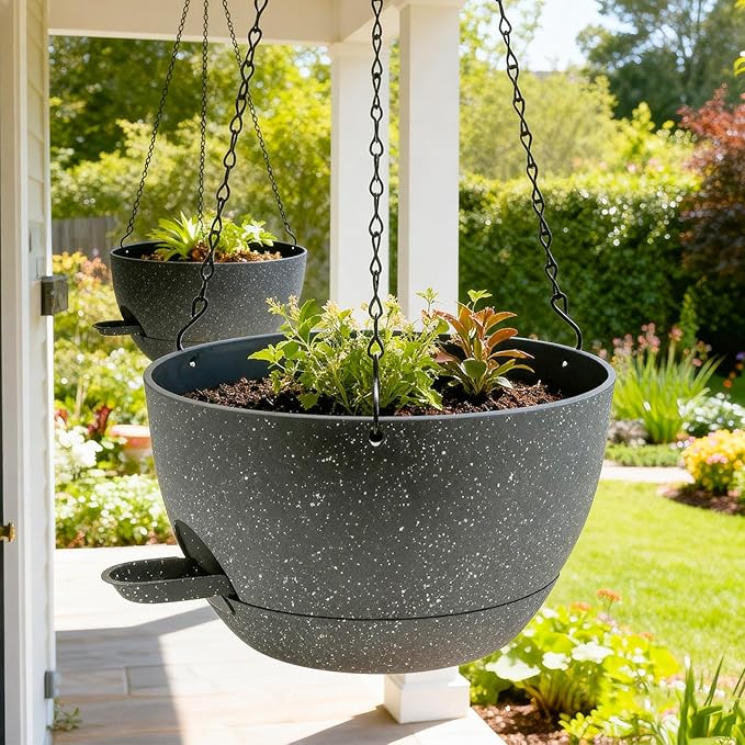 WOUSIWER Self Watering Hanging Planters, 2 Pack 10'' Plastic Pots with Drainage Holes & Reservoir Tray (Speckled Grey) | Indoor & Outdoor Use for Ferns, Ivy, Herbs, Succulents