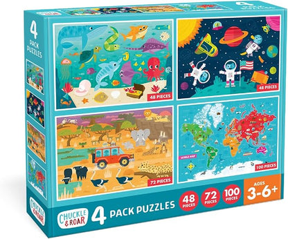 Chuckle & Roar Jigsaw Puzzle Set - 4 Pack, 48, 72 & 100 Pieces, Ages 3+ - Space, Ocean, Safari & World Map Scenes - Color Coded Backs & Storage Bags - Learning Toys for Preschool