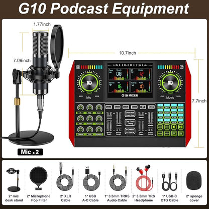 tenlamp G10 Podcast Equipment Bundle for 2 with Live Sound Board Audio Mixer - Two Condenser Mics, Voice Changer, Noise Reduction, for PC/Phone Streaming, Gaming, Singing, Podcast, Recording