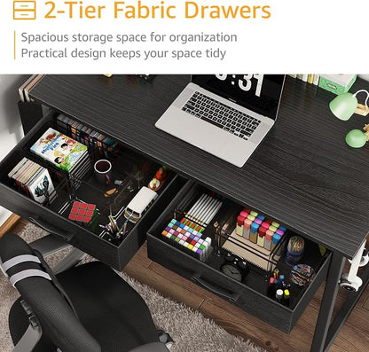 DLisiting Small Desk with Fabric Drawers for Bedroom, 32 Inch Gaming Desk with 2 Drawers for Small Space, Study Writing Table PC Desks, Black