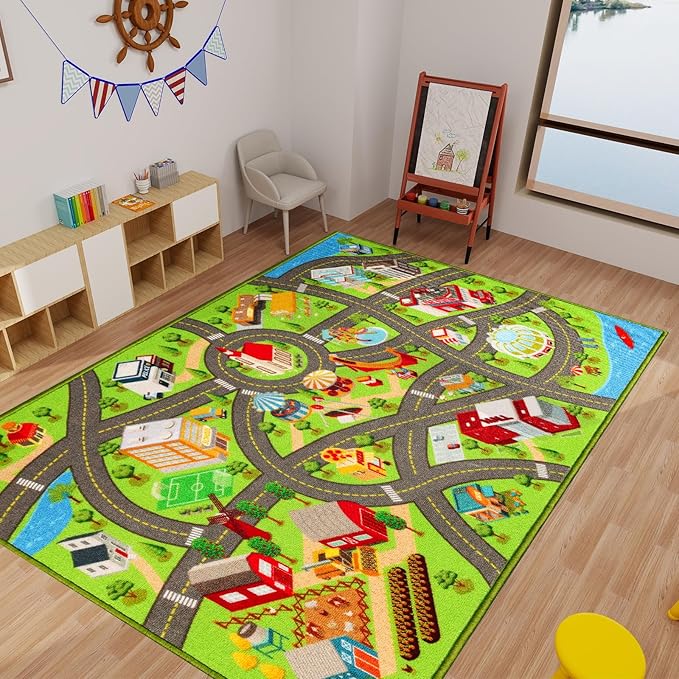 Kids Rugs Traffic Road Carpet for Car City Map Play Rug 3.3'×5' for Playroom Educational Mat Area Rug, Kid Playtime Collection Toddler Car Track Rug Cute Cartoon (City Road B, 39.4×59 in)
