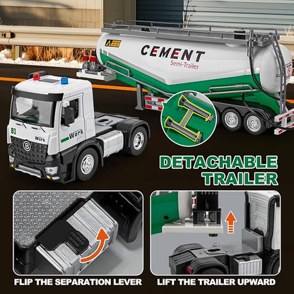 HAPYAD Diecast Semi Truck Toy, Big Tractor Trailer for Boys Toddlers, 18.2" | Large Tanker Truck, Metal Cab, Lights and Sounds, Working Water Pump, Friction Powered Truck and Trailer Toys for Boys Kids