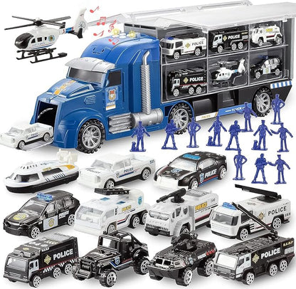 JOYIN 25 in 1 Police Rescue Truck Car Toy Set with Sounds and Lights, Mini Vehicles in Carrier Truck, Play Police Patrol Rescue Vehicle Toy, Birthday Gifts for Over 3 Years Old Boys