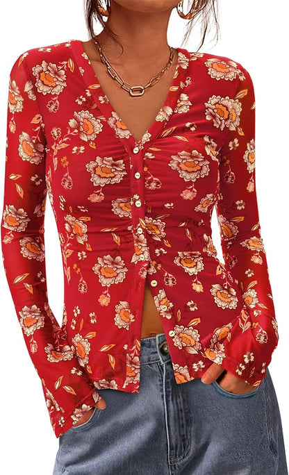 BTFBM Button Down Shirts for Women 2026 Fall Boho Tops V Neck Long Sleeve Blouses Ruched Mesh Fitted Fashion Clothing