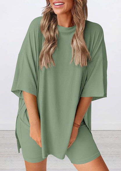 PRETTYGARDEN Women 2 Piece Lounge Set 2026 Summer Casual Oversized Shirts Biker Shorts Matching Airport Travel Outfit Clothes