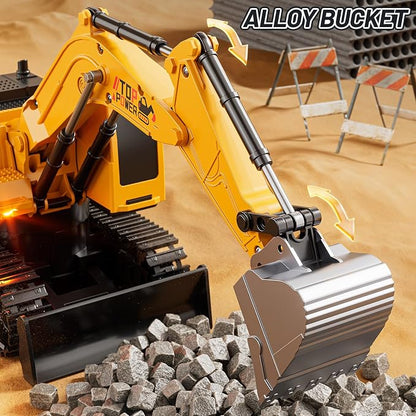 Remote Control Excavator Toys for Boys Age 6-12, 11CH 2.4Ghz RC Sand Digger with Metal Shovel Lights/Sounds, Construction Truck Toys for Boys 3 4 5 6 7 8 9 10 11 12 Year Old Kids