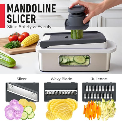 MUELLER HOME Pro-Series 10-in-1, Stainless Steel Multi Vegetable Chopper | 8 Blade Mandoline Slicer, Kitchen Accessories and Essentials, Food and Veggie Chopper, Mincer, Dicer, White Sand/Grey