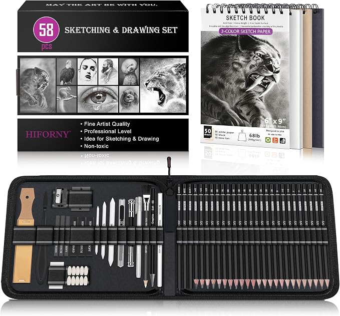 HIFORNY 58 PCS Drawing Kit Sketching Pencil Set,Sketch Pencils Art Supplies with 3-Color Sketchbook,Graphite,Charcoal,Blending Tools,Drawing Pencils for Adults Artists