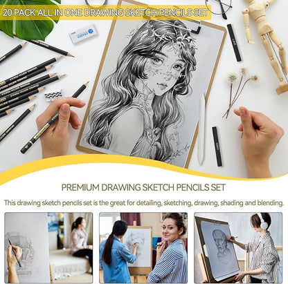 MARTCOLOR Drawing Sketching Pencil Set, 20 Pieces, Graphite Pencils (14B-4H), Charcoal Sticks, Stump, Eraser, Sharpeners, Ideal for Drawing Art, Sketching, Artist Pencils for Beginners & Pro Artists