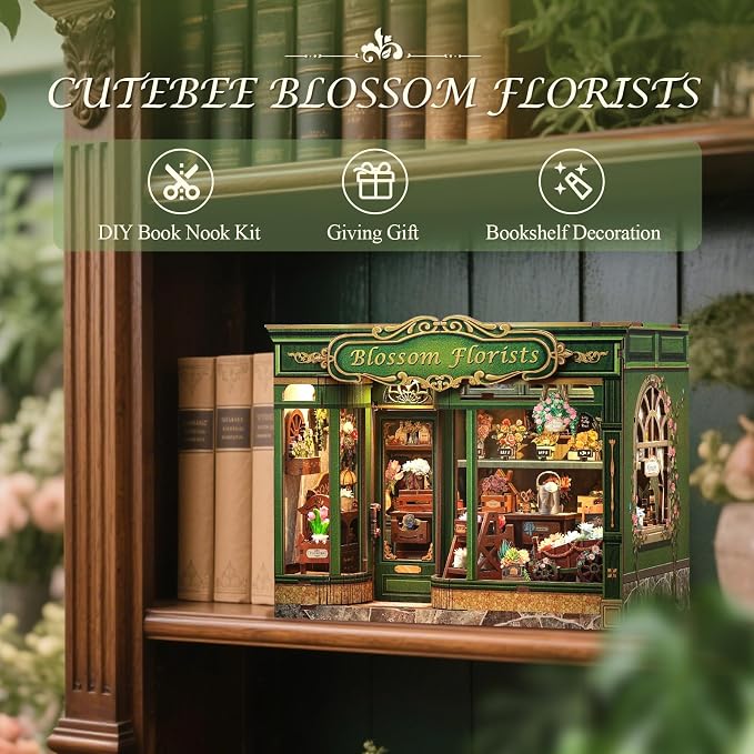 CUTEBEE Book Nook Kit, DIY Miniature House Kits for Adult and Teens, Dollhouse Booknook Tiny House, Bookshelf 3D Wooden Puzzle, DIY Craft Gifts for Family and Friends (Blossom Florists)