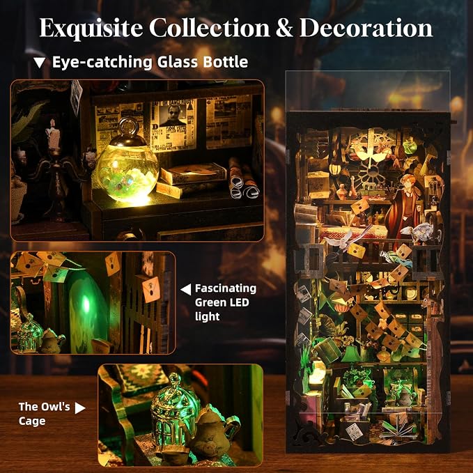 Book Nook Kit for Adults and Teens DIY 3D Wooden Puzzle Bookends, Miniature Dollhouse Kit Bookshelf Decoration, Magic Alley Model with LED Lights,The House of Magic