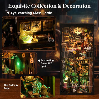 Book Nook Kit for Adults and Teens DIY 3D Wooden Puzzle Bookends, Miniature Dollhouse Kit Bookshelf Decoration, Magic Alley Model with LED Lights,The House of Magic