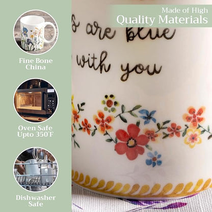 Maison d' Hermine Coffee Mug with Handles Tea Cups (12 Ounce, Pack of 1) | Fine Bone China Coffee Mugs for Hot Beverages Cappuccino Latte Home Spring Summer -Happy Florals - Sweety Roses Are Red
