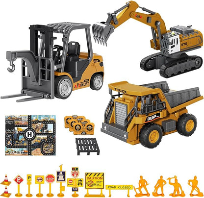 RC Construction Vehicles Toys Set 3 in 1 with Mini Excavator Dump Truck Forklift Real Lights & Sounds and Movable Parts & Traffic Sign Construction Site Map USB Charge Birthday Gifts for Kids Adults