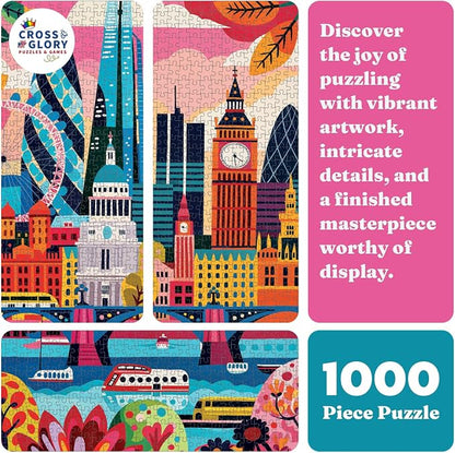 Cross & Glory - Colourful London - 1000 Piece Jigsaw Puzzle for Adults | Iconic Landmarks of London | Challenging Puzzle for Art and Travel Lovers