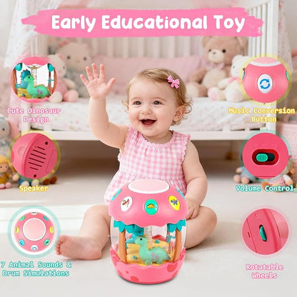 M SANMERSEN Baby Girl Toys, Dinosaur Rotating Light Up Musical Baby Toys for 12-18 Months Newborn Infant Crawling Tummy Time Toys, Birthday Easter Gifts for Baby Girls- Pink