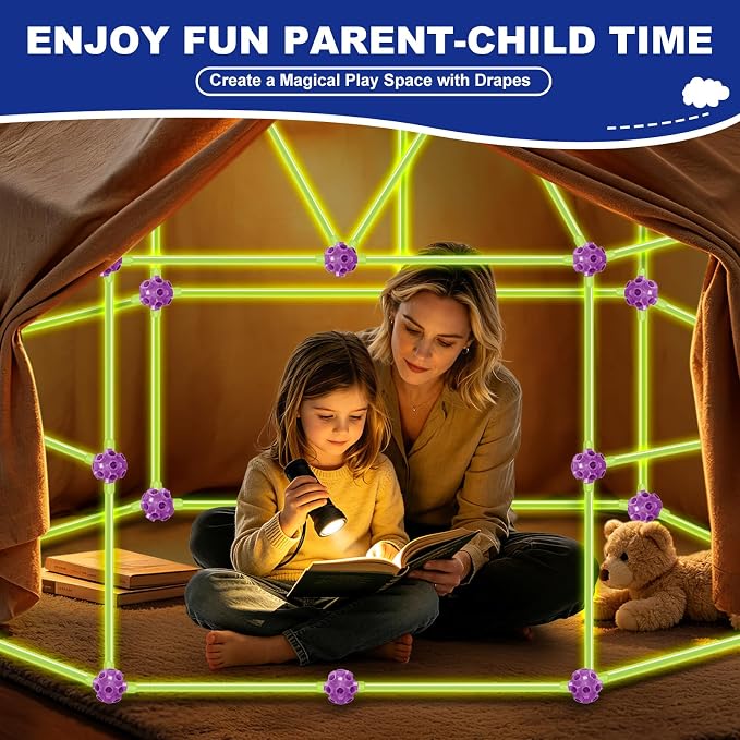 Glow in The Dark Fort Building Kit for Kids, 140 Pcs STEM Construction Toys for DIY Castles Tunnels Play Tent, Ultimate Creative Set, Christmas Birthday Gifts for 4-12 Years Old Boys and Girls