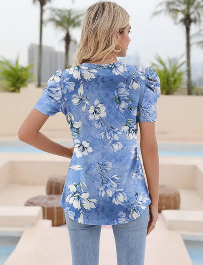 Ivicoer Puff Short Sleeve Shirt for Women Eyelet Tops Summer Crewneck Blouse Loose Fit S-XXL