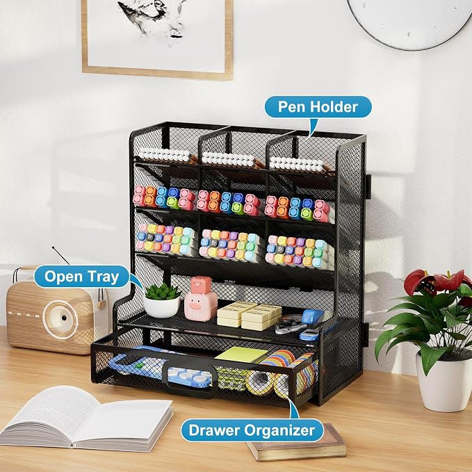 Marbrasse Larger Mesh Desk Organizer with Drawer, Multi-Functional Pen Pencil Holder, Easy Assembly, Desk Organizers and Accessories for Office Art Supplies (Black)