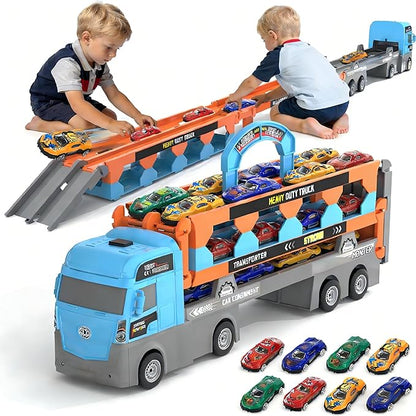 2-in-1 Foldable Race Track Truck Car Playset for 2-8 Years Old Boys Girls, Kids Truck Toys with Foldable 3 Layer Play Track & 8 Race Cars, Children's Day Birthday Gifts for Toddlers