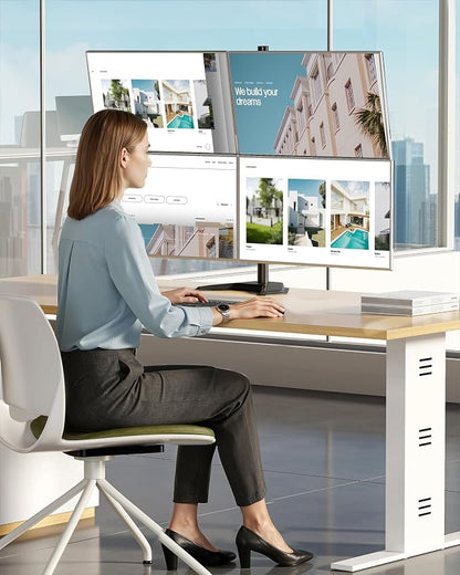 monTEK Freestanding Quad Monitor Stand for Four 17-32" Screens, 22 lbs Each | Solid V-shaped base, four-screen full-motion arms, height adjustment, tilt, swivel, rotation and VESA 75/100