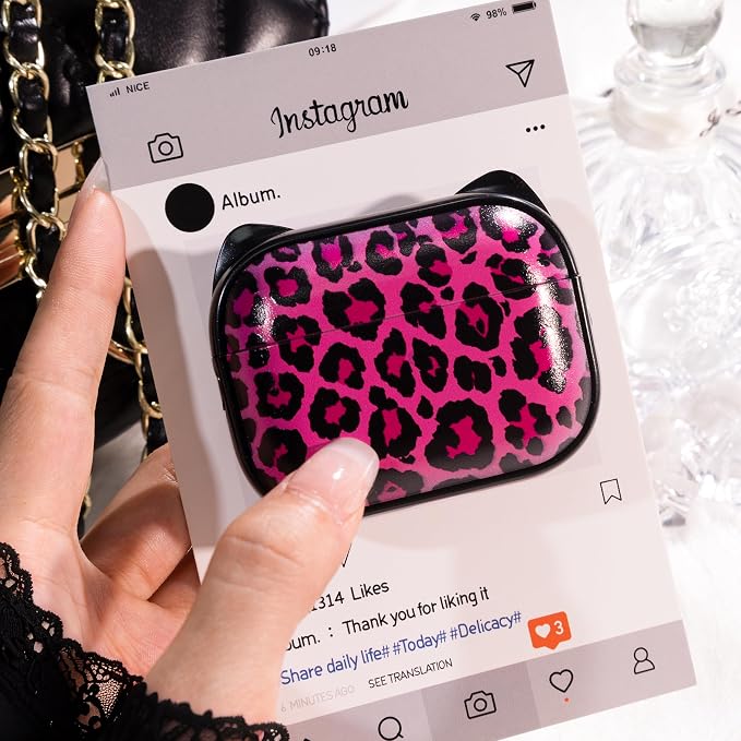 for AirPods Pro 2 Case with Cleaning Kit, Cute Cat Ear Print Design & Cute Buckle for Girls, Phone Holder & Top Safe Lock Buckle Design for AirPods Pro 2nd/1st Gen case, Rose Leopard