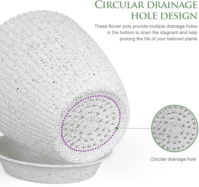 7/6.2/5.5/5/4.5/4 inch Flower Pots, 6 Pack Plant Pots for Small Indoor Outdoor Plants, Plastic Planters with Drainage Holes and Saucers for Garden Succulent House Plants, Speckled White