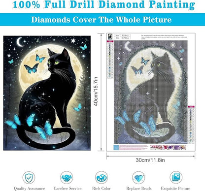 RYMILIE Cat Diamond Art Kits for Adults-Full Moon Diamond Painting Kits for Adults Beginners, 5D DIY Full Drill Round Rhinestone Gem Art Crafts Paintings for Home Wall Decor 12"x16"