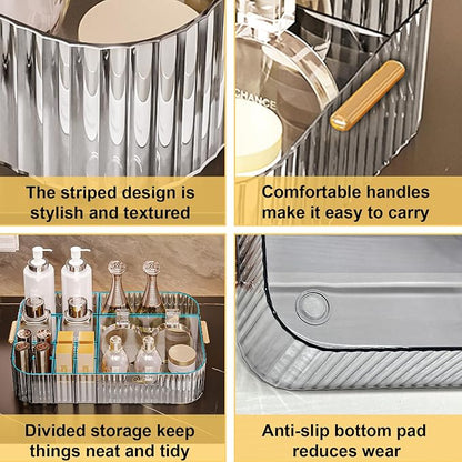 DASITON Large Capacity Makeup Organizer,12 Slots Makeup Brush Holder,Makeup Storage with Handle,Vintage Striped Cosmetic Organizer for Bathroom Countertops,Desk Storage Container(Clear)
