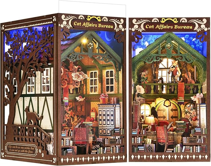 Book Nook DIY Kit for Adults Wooden 3D Puzzle Story 3D Bookend Bookshelf Decoration Miniature Doll House Interior Goods Gift,Cat Affairs Bureau