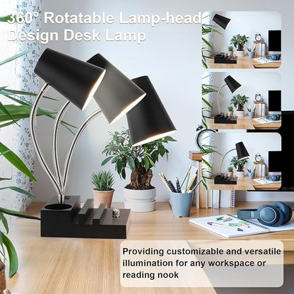 Study Desk Lamp with USB Charging and Type-C Night Light, Gooseneck LED Table Lamp Stepless Dimming Study Table Lamp with Pen Holder for College Dorm Bedroom and Office (Black)