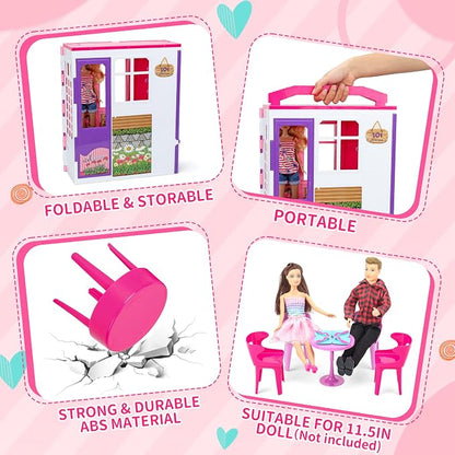 Style Shine Doll House Portable & Foldable Dollhouse w/ 60+ Pcs & 2 Dolls, Play House Toy with Bedroom Kitchen Pet House Camping Playset, Playhouse Gift for Girl Kid Toddler