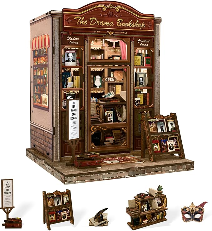 CUTEBEE Book Nook Kit - DIY Miniature House Dollhouse Kit for Adults and Teens, Booknook Tiny House Bookshelf 3D Wooden Puzzle, Gifts for Family (Drama Bookshop)