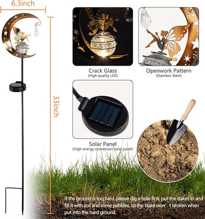 LICKLIP Moon & Fairy Garden Solar Stake Light Outdoor, Crackle Glass Globe With Metal Angle Stake, Waterproof Warm White LED, Decoration for Pathway Lawn Patio Courtyard Backyard (1 Pack)