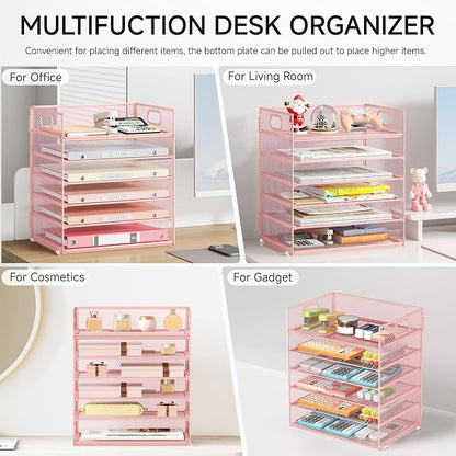 6 Tray Paper Organizer Letter Tray with Handle - Mesh Desk File Organizer, Paper Sorter Organizer for Office, Home or School File Folder Holder - Pink