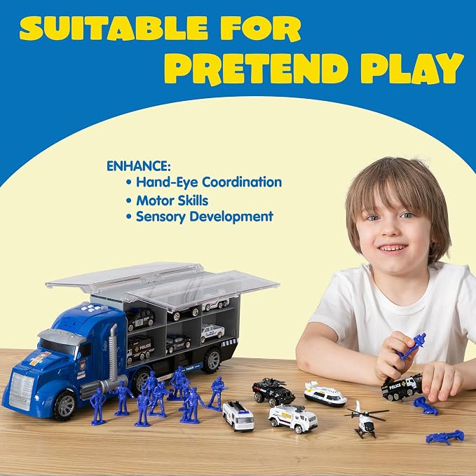 JOYIN 25 in 1 Police Rescue Truck Car Toy Set with Sounds and Lights, Mini Vehicles in Carrier Truck, Play Police Patrol Rescue Vehicle Toy, Birthday Gifts for Over 3 Years Old Boys