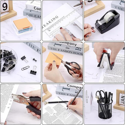 17 in 1 Black Desk Organizers and Accessories Set, 3 Office Desk Supplies Storage Organization, 4 Pens, Stapler, Staples & Remover, Tape & Dispenser, Scissors, Ruler, Clips, Hole Punch, Back to School