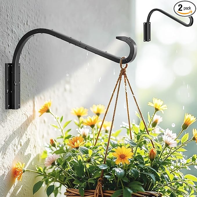 12 Inch 2 Pack Plant Hangers for Indoor/Outdoor Wall Mount - Heavy Duty Hanging Plant Holder & Bird Feeder Hooks, Decorative Black Metal Wall Hangers for Plants, Flower Baskets