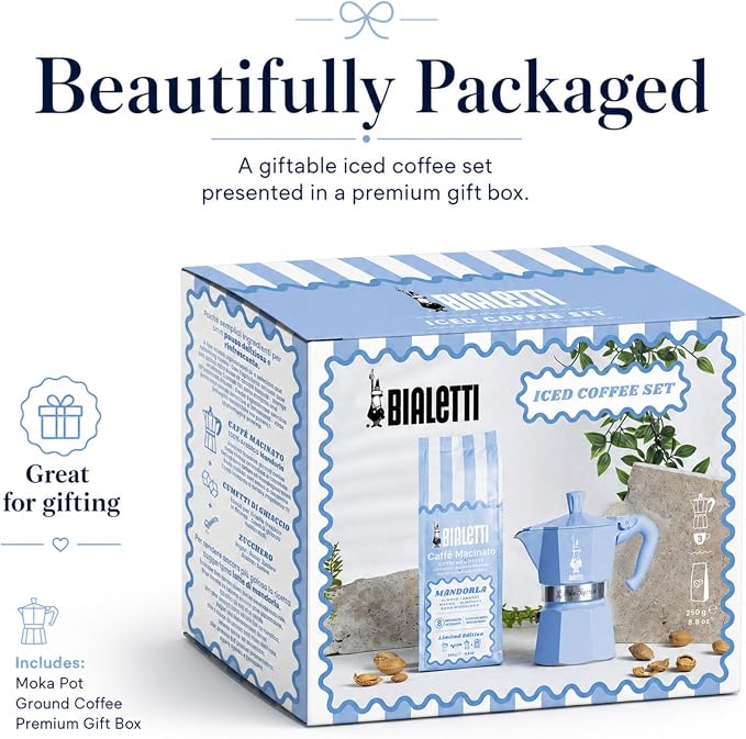 Bialetti Moka Express 3 Cup Light Blue & Almond Ground Coffee Gift Set – Stovetop Espresso Maker with 250g Caffe Macinato Mandorla, 80% Arabica 20% Robusta Medium Dark Roast, Made in Italy
