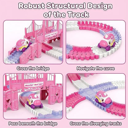 Race Car Tracks Toy Set for Girls Age 3-8, 214PCS Pink Princess Cars Toys | with Monster Truck & Magic Bendable Train Tracks, Flexible DIY Raceway Set for Toddler Girls Christmas Birthday Gifts