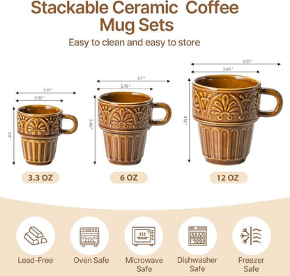 Ceramic Coffee Cups, Coffee Mugs Set of 4, 12 OZ Ceramic Mugs, Stackable Mug, Brown, Microwave & Dishwasher Safe for Hot Drinks Cocoa Latte, Perfect for Daily Use Gathering & All Holiday Gifts