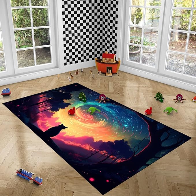 Moon Black Cat Rug - Mystical Stary Night Cat Rug for Kids Bedroom Colorful Black Cat Rug Decor Room Cat Door Mats Outdoor Entrance, 5x7 Feet