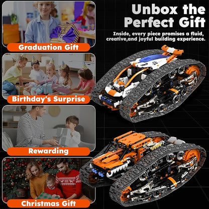 HPROMOT 2 in 1 STEM Crawler Robot Building Kit, App & 2.4G Remote Control Transformable Tracked Vehicle Coding Technic Blocks, Educational Engineering Science Gift for Boys Girls Ages 8-14
