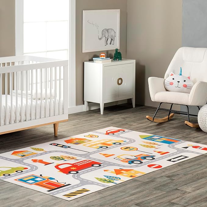 nuLOOM Carmina City Streets Machine Washable Kids Ultra Thin Area Rug, 3' x 5', White Multi