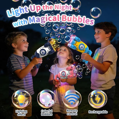 Bubble Gun for Kids, Automatic Rocket Bubble Machine, Handheld & Bicycle Use, Rechargeable Bubble Blower with Solution & LED Light, Summer Outdoor Toy, Gift for Boys Girls Age 3 4 5 6 7 8-12(White)